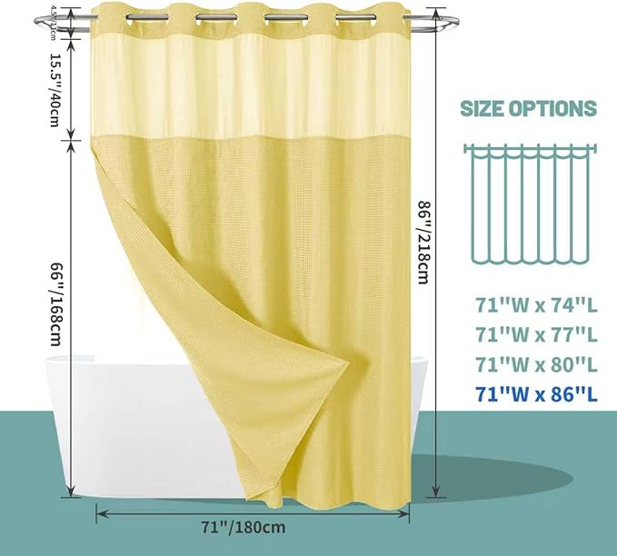eachope Yellow No Hook Waffle Weave Shower Curtain with snap-in Liner Replacement, 230GSM Waterproof Fabric Hotel Shower Curtain Set for Bathroom, Through Mesh Top Window,71Wx86H