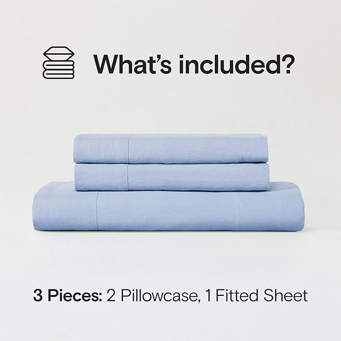Sijo Stone Washed Organic French Linen Bed Sheet Set, GOTS Certified Organic, Best Cooling Linen Sheet Award by Sleep Foundation, 3 Piece - 2 Pillowcases and 1 Fitted Sheet (Sky, Full)