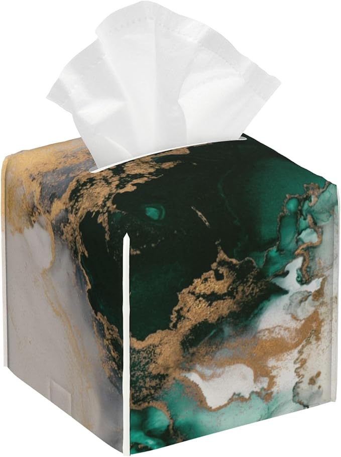BLYKVGHQ Square Tissue Box Cover Teal and Gold Marble Tissue Box Holder Facial Cube Paper Dispenser Leather Decorative Organizer Home Office Desk Decor, 5.2"x5.2"x5.2"