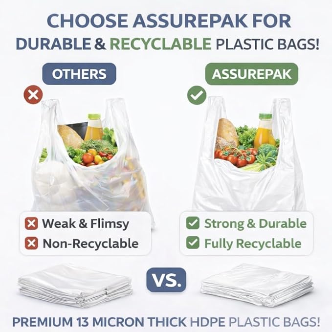 ASSUREPAK White Unprinted HDPE T-Shirt Bags - 1000 Units - 1/6 BBL 11.5"X6"X21" -13 microns - White - Perfect for Groceries, Shopping, Boutique Bags and Retail Stores