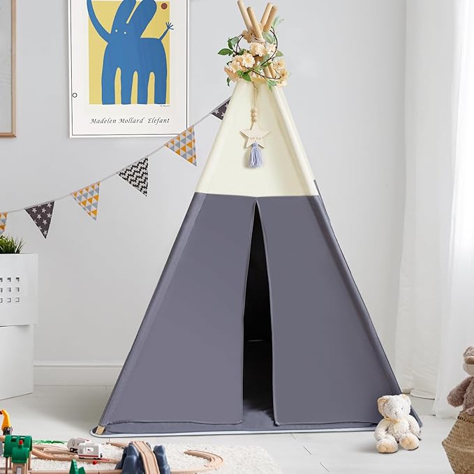 RONGFA Teepee Tent for Kids, 100% Cotton Play Tent with Mat, Kids Teepee Tent with Colored Flag, Quality Portable Play Tent with Carry Bag for Girls and Boys Indoor Outdoor (Beige Gray with Mat)