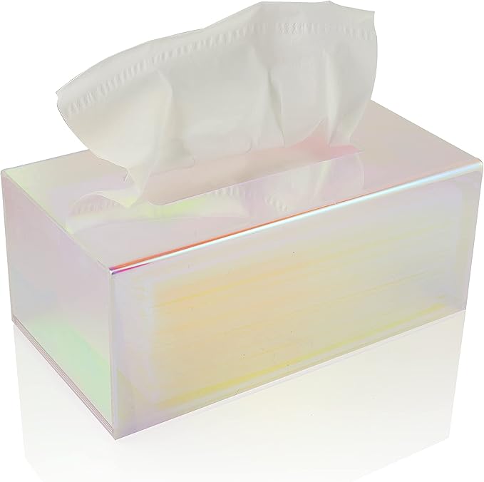 Acrylic Tissue Box Holder, Clear Dispenser for Facial Tissues, Napkins, and Dryer Sheets. Perfect for Bathrooms, Desks, Countertops, Vanities, Bedrooms, and Nightstands (Rectangle, Iridescent)