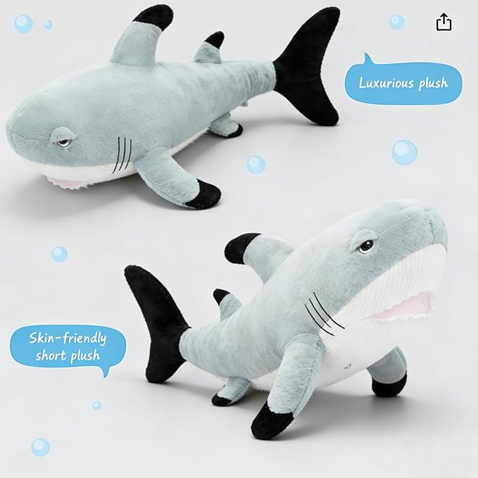 Tezituor 32inches Shark Stuffed Animals, 2.6ft Large Gray Stuffed Shark Plush Body Pillow for Girls Boys, Realistic Ocean Plush Toy Birthday Valentine's Day Decora Gift for Adults