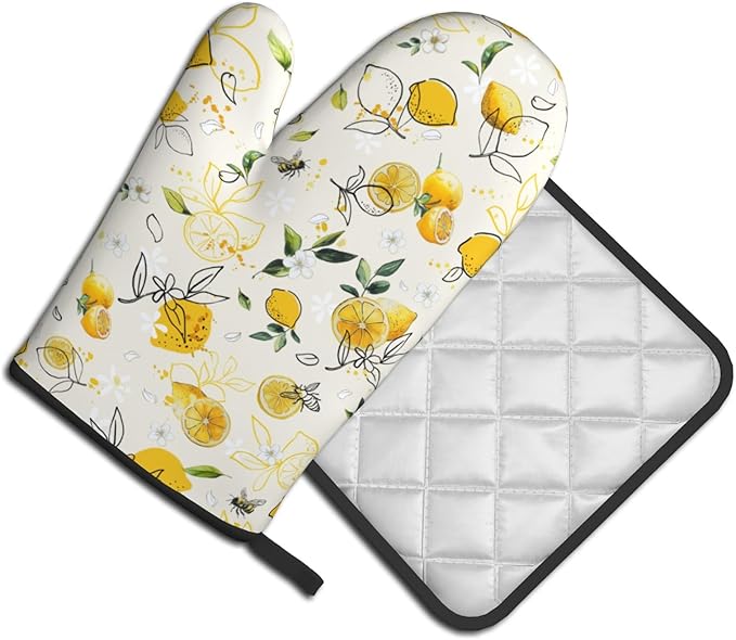 Lemon Oven Mitt & Pot Holder Set of 2，Spring Watercolor Floral Heat Resistant Kitchen Gloves Potholder Summer Fruit Cooking Gloves Pan Mats for Baking, Grilling, Kitchen，Outdoor
