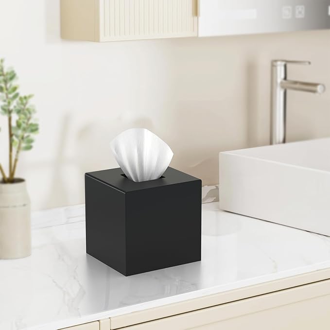 SILUT Tissue Box Cover Square, Acrylic Tissue Holder with Magnet Locking Bottom, Tissue Holder for Bathroom Vanity Bedroom Office, Matte Black