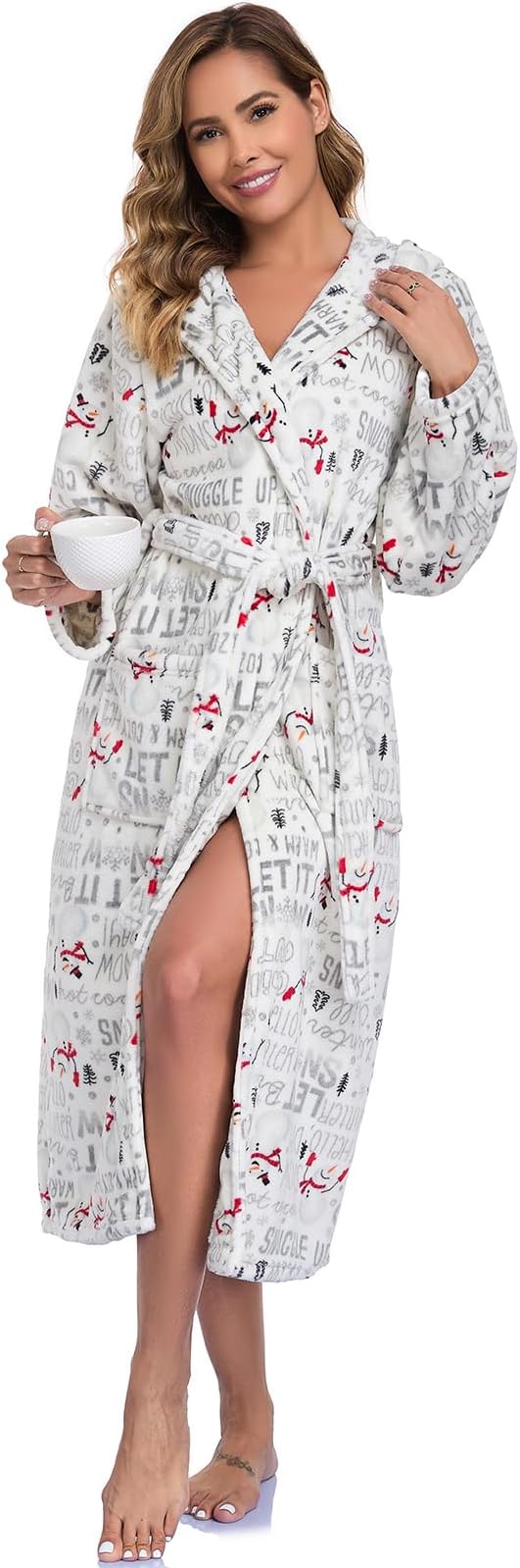 RONGTAI Womens Robes Plush Fleece Hooded Bathrobe Thick Nightgown with Pockets Fluffy Sleepwear