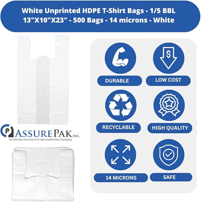 Easy Open - White Unprinted HDPE T-Shirt Bags 13"x10"x23" with handles – 500 Bags – 14 Microns - 1/5 BBL – Perfect for Supermarkets, Grocery Shopping and Store Purchases