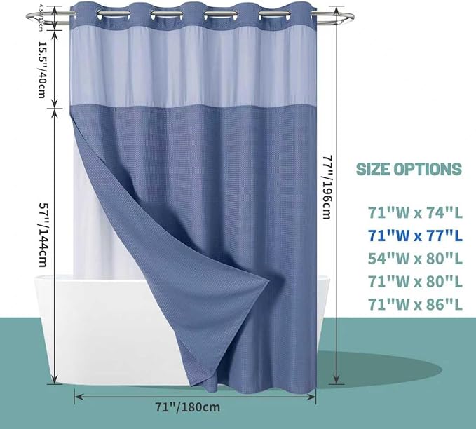 eachope MoonLightBlue No Hook Waffle Weave Shower Curtain with snap-in Liner Replacement, 230GSM Waterproof Fabric Hotel Shower Curtain Set for Bathroom, Through Mesh Top Window,71Wx77H