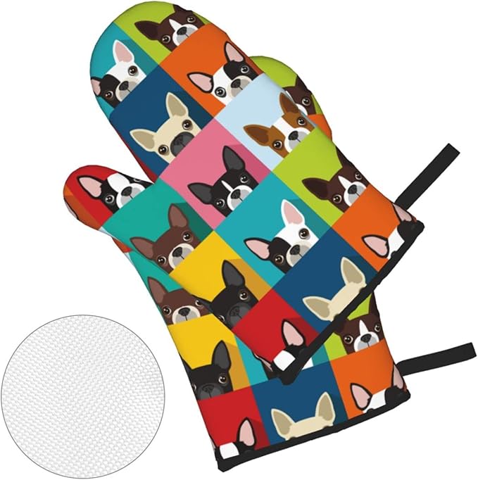Boston Terrier Dog Oven Mitts and Pot Holders Set of 4, Oven Mittens and Potholders Heat Resistant Gloves for Kitchen Cooking Baking Grilling BBQ