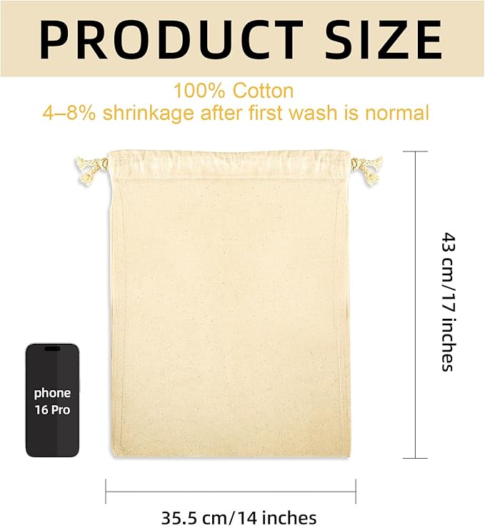 OKBA 8 Pack Cotton Muslin Drawstring Bags 14x17 Inch, Reusable Cloth Bags for DIY Tie-Dye Projects, Grocery & Produce, Shoes, Potatoes and Onions, Eco-Friendly & Washable
