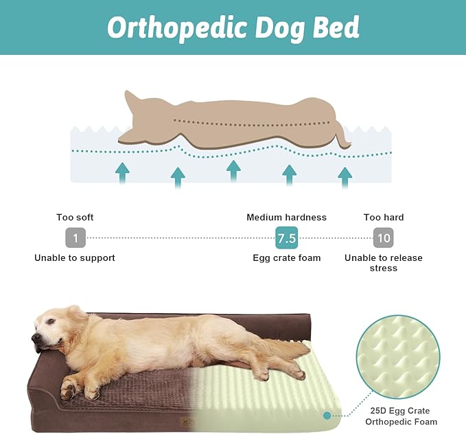 COZY KISS Orthopedic Dog Bed for Large Medium Size Dog, Dogs Crate Bed, L Shaped Foam Anti-Slip Bottom Pet Cat Sofa with Washable Removable Cover, Suitable for Pet Up to 75 lbs, 36x27x7.5 inch, Brown