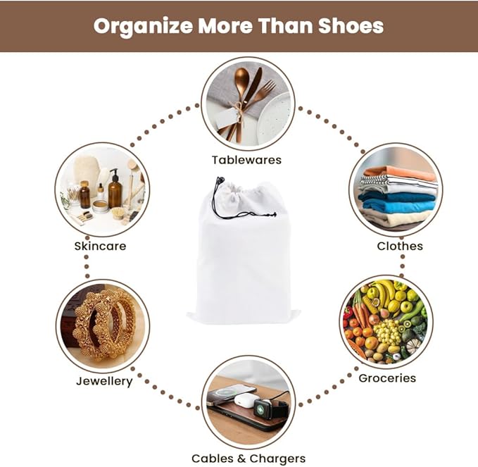 LFH Cotton Rich Shoe Storage Bags with Drawstring, Dustproof Breathable Reusable Organizer, Perfect For Travel, Dorm, Hotel, College, Gym, Easy to Carry, Machine Washable 8"x17" (Pack of 2) - White