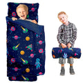Beavtaens Toddler Nap Mat with Pillow and Minky Blanket, Large 55"x35" Sleeping Bag, Washable, Lightweight, Easy to Roll, Perfect for Preschool, Daycare, Kindergarten, Travel, Boys and Girls(Space)