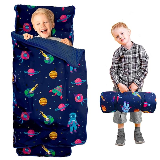 Beavtaens Toddler Nap Mat with Pillow and Minky Blanket, Large 55"x35" Sleeping Bag, Washable, Lightweight, Easy to Roll, Perfect for Preschool, Daycare, Kindergarten, Travel, Boys and Girls(Space)