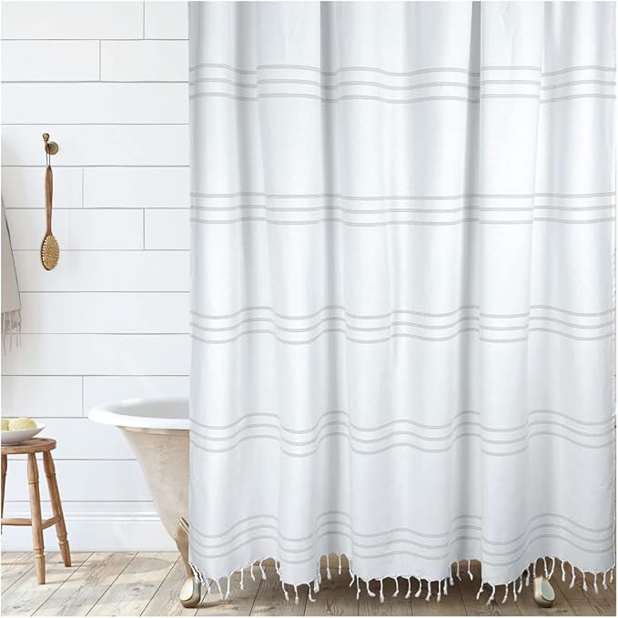 HALL & PERRY Modern Farmhouse Tassel Shower Curtain 100% Cotton Striped Fabric Shower Curtain with Tassels for Bathroom Décor (Taupe, 72"x72")