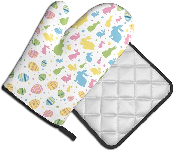 Easter Bunny Oven Mitts and Pot Holders Set of 2,Cute Rabbit Kitchen Baking Accessories Sets,Colorful Eggs Heat Resistant Oven Glove Potholders for Kitchen Cooking BBQ