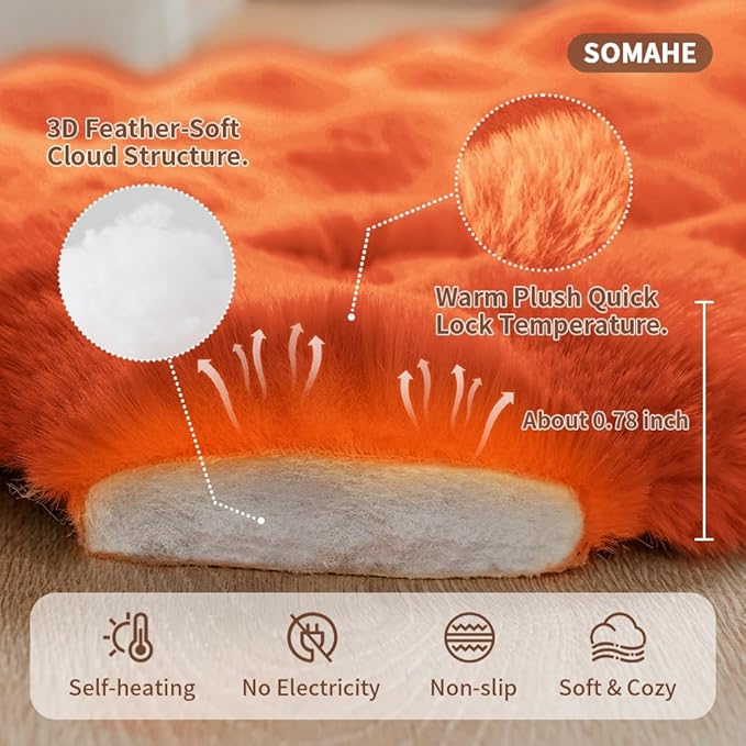 SOMAHE Self-Warming Cat Bed, Plush Faux Fur Pet Bed Mat with Anti-Slip Bottom, Ultra Soft Heated Pad for Cats & Kittens, Cozy Fluffy Bed for Window & Sills Couches, Machine Washable, 23x15 Inch Orange