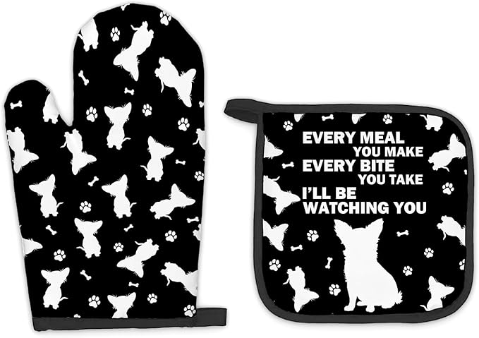 Chihuahua Gifts Dog Oven Mitts and Pot Holders Sets, Chihuahua Decor Dog Kitchen Accessories Sets, Every Meal You Make ChihuahuaDog Heat Resistant Oven Glove Potholders for Kitchen Baking