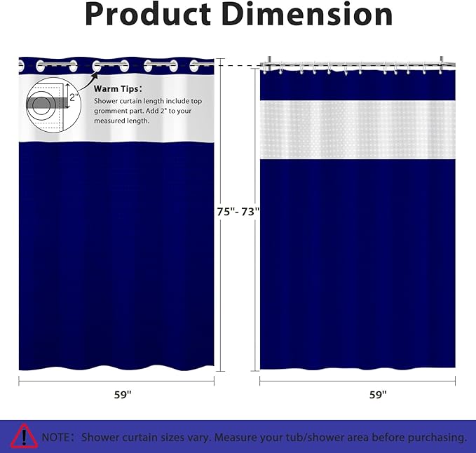 GICDSU No Hook Shower Curtain with Snap in Liner, Waffle Shower Curtain Set for Bathroom, Hotel Style with Semi-Sheer Top Window, Waterproof & Washable, Navy Blue, 59" W x 75" L