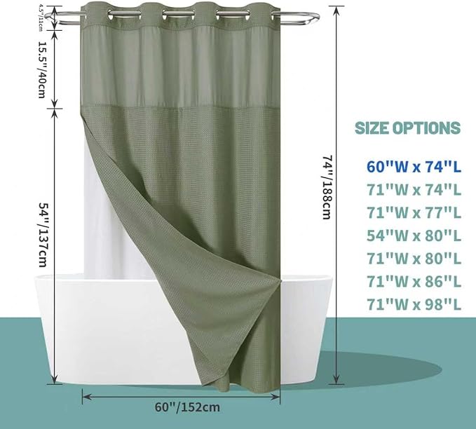 eachope SageGreen No Hook Waffle Weave Shower Curtain with snap-in Liner Replacement, 230GSM Waterproof Fabric Hotel Shower Curtain Set for Bathroom, Through Mesh Top Window,60Wx74H