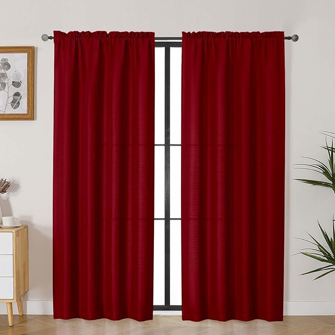 Lecloud Bessie Red Curtains 72 Inches Long 2 Pcs, Airy Light Filtering Faux Linen Textured Window Curtains for Bedroom Decor, Rod Pockets Privacy Drapes for Living Room, Each Panel 40" W x 72" L