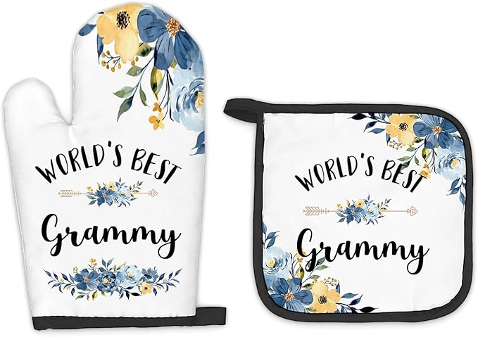 Grammy Gifts Oven Mitts and Pot Holders Sets, Gifts for Grammy from Grandkids Kitchen Decor Accessories Sets, World’s Best Grammy Heat Resistant Oven Glove Potholders for Kitchen Cooking