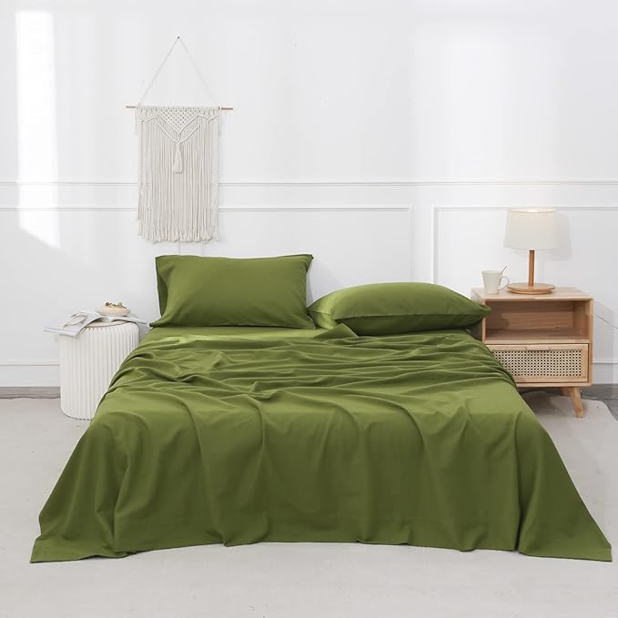 Simple&Opulence Belgian Linen Sheet Set Solid Color - 4 Pieces (1 Flat Sheet, 1 Fitted Sheet & 2 Pillowcases) Natural Flax Cotton Blend Soft Breathable Farmhouse Bedding - Full Size, Forest