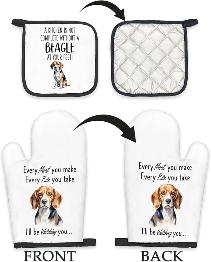 Beagle Gifts for Women Men, Dog Oven Mitts and Pot Holders Sets, Beagle Dog Decor Kitchen Accessories Sets, Complete Without a Beagle Dog Heat Resistant Oven Glove Potholders for Kitchen Baking