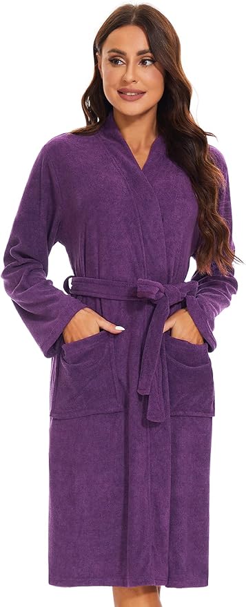 Knuffnee Women Bath Robes Terry Cloth Towel Robe Knee Length Bathrobe with Pockets