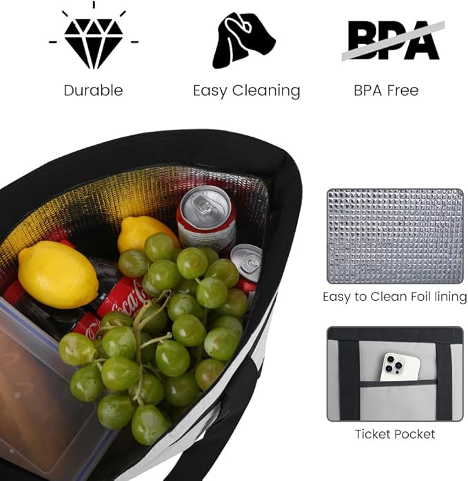 mosago Reusable Grocery Tote Bags, Insulated Cooler Shopping Bag for Women/Men, Pizza/Food Delivery Bags to Keep Food Hot/Cold for Uber Eats/Doordash/Grubub, Cooler Bag for Travel/Beach/Picnic, Grey