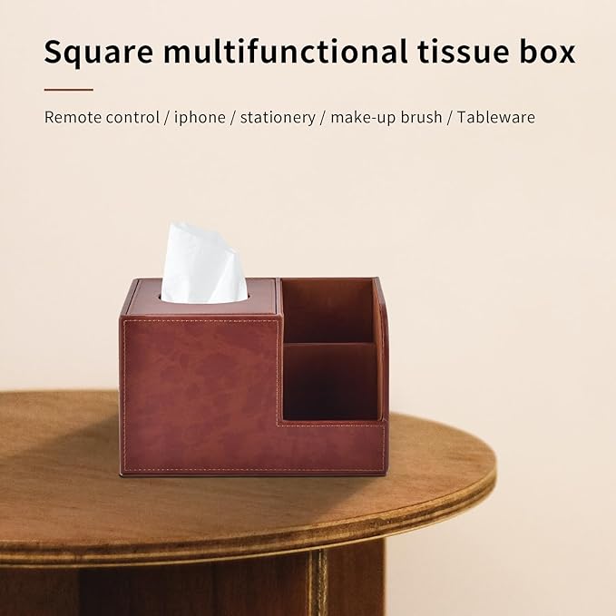 XNONE PU Leather Square Tissue Box Cover,Multifunctional Tissue Box Holder,Tissue Box with Storage,Tissue and Remote Control Holder,Tissue Box Decorative Desk Organizer for Home&Office,Brown