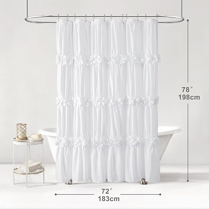 XOGUIBO Ruffle Shower Curtain with Handmade Bow Tie, White Linen Vintage Farmhouse Shower Curtain for Bathroom, 72" W x 78" H