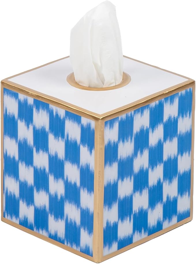 Jaye’s Studio Blue Ikat Checkered Tissue Box Cover Gold, Enamel Decorative Blue and White Tissue Holder, Square Cube Facial Tissue Box for Coastal Bathroom Guest Vanity, Checkered Home Decor Accent