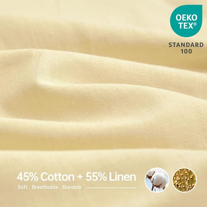 Simple&Opulence Belgian Linen Sheet Set Solid Color - 4 Pieces (1 Flat Sheet, 1 Fitted Sheet & 2 Pillowcases) Natural Flax Cotton Blend Soft Breathable Farmhouse Bedding - Queen Size, Pale Yellow