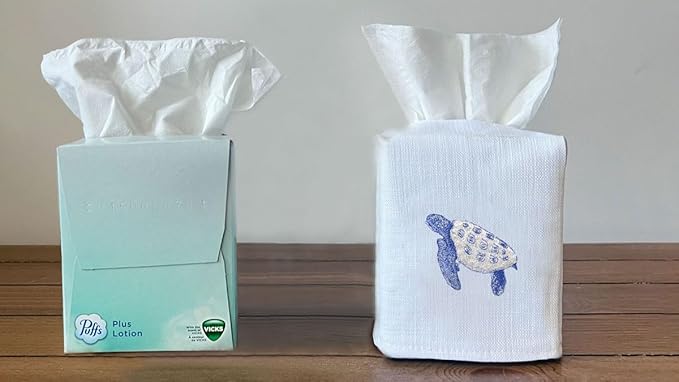 Jacaranda Living Square Tissue Box Cover, Linen/Cotton Fabric Tissue Holder, Decorative Cloth Tissue Cube Cover, Coastal Designs Sea Turtle (Blue)
