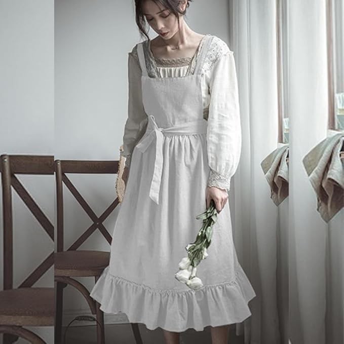 ODIZLI Frill Apron for Women Cotton Cross Back Vintage Ruffle Apron for Garden Cooking Aprons