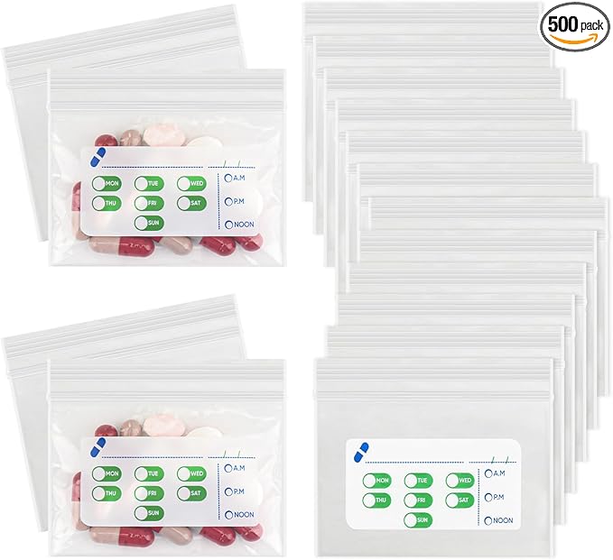 Pill Bags 500 Count - 3"X2.75" 3 Mil Small Ziplock Bags for Pills – BPA-Free Pill Pouches for Medicine, Pill Pack Storage & Medicine Pouch - Easy Label Pill Bags for Travel, Reusable Medicine Bags