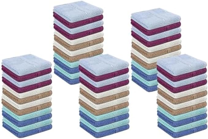 TOALLA 100% Cotton Washcloths 60 Pack|450 GSM|Soft Face & Body Washcloths|Highly Absorbent|Fingertip Towel|12x12 Inches|Multi