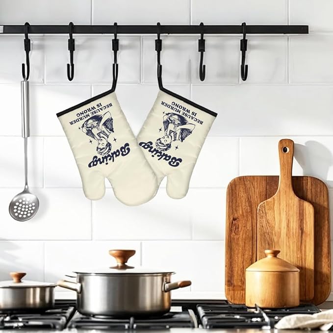 DYJYBMY Baking Because Murder is Wrong Funny Oven Double Mitts (One Pair), Humorous Vintage Lady Kitchen Gadgets for Women, Birthday Gifts for Bake Lover Chef, Hostess Gifts for Mom Wife Sister BFF