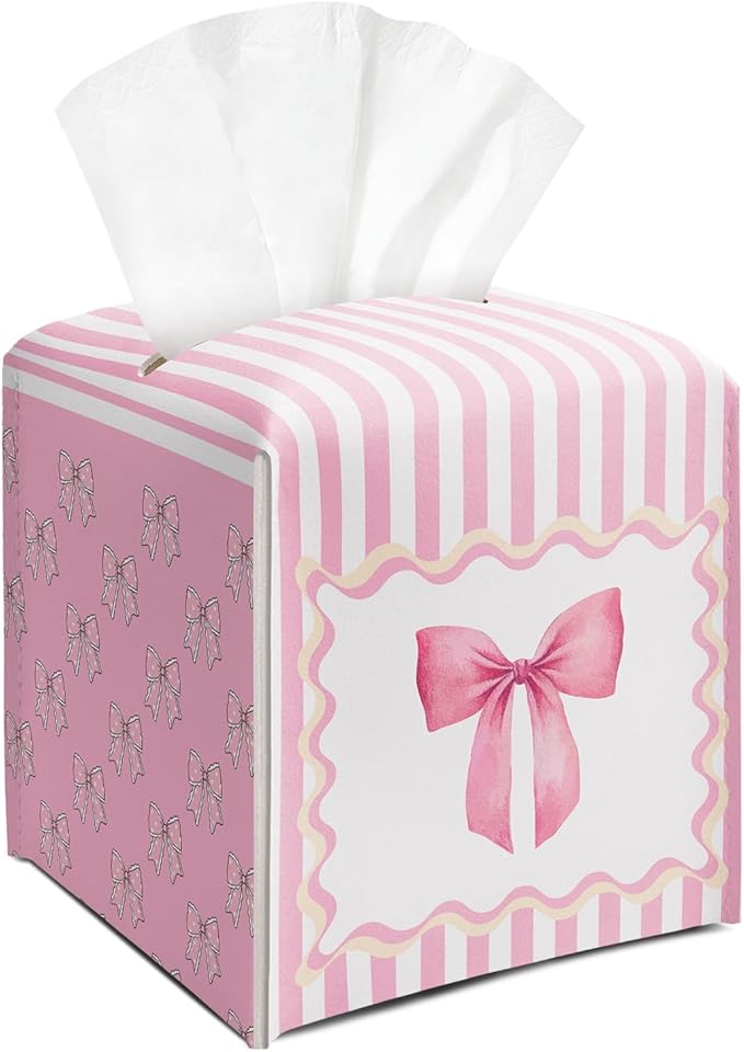 Cute Pink Bow Stripes Tissue Box Cover Square, Leather Tissue Holder with Bottom Belt, for Nightstands Desks Office Bathroom Car Vanity Home Decor Supplies -010