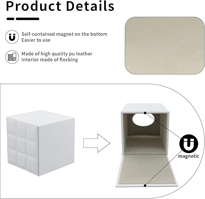XNONE Tissue Box Cover Square Tissue Box Holder PU Leather Facial Organizer with Magnetic Bottom,Decorative Napkin Caddy for Vanity Dresser Night Stand Table Countertop Home Office Car,White