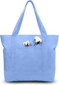 TOPDesign 6-Pack Canvas Tote Bags with an External Pocket, Reusable Grocery Shopping Bags, Top Zipper Closure, Daily Essentials (Light Blue)