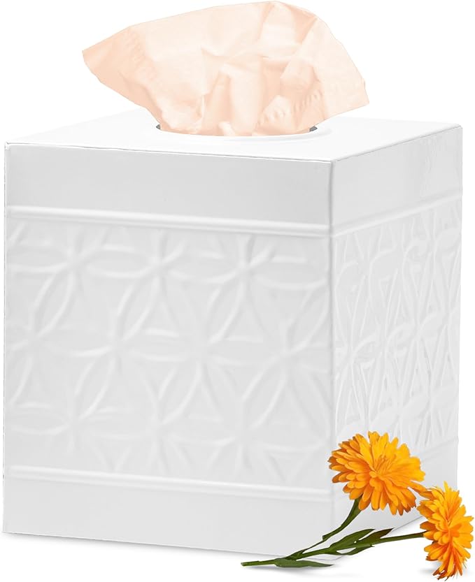 Autumn Alley White Tissue Box Cover Square, Bathroom Accessories, Decorative Tissue Holders for Bathrooms, Bedroom, Kitchen with Embossed Pattern Tissue Holders Decorative, Modern, White