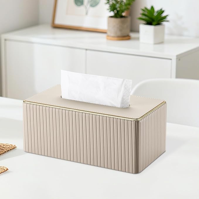 KINGFOM Rectangular Tissue Box Cover, PU Leather Tissue Box Holder with Magnetic Bottom, Napkin & Facial Tissue Holder Dispenser Decorative Box Cover for 120-count (3-Ply) 160-count (2-Ply) Beige