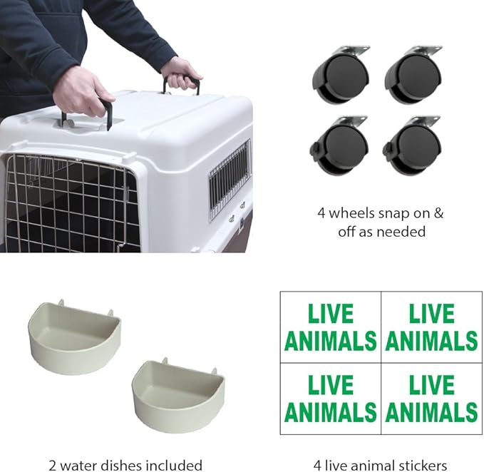 SportPet Designs Plastic Kennels Rolling Plastic Wire Door Travel Dog Crate- Large Kennel, Gray