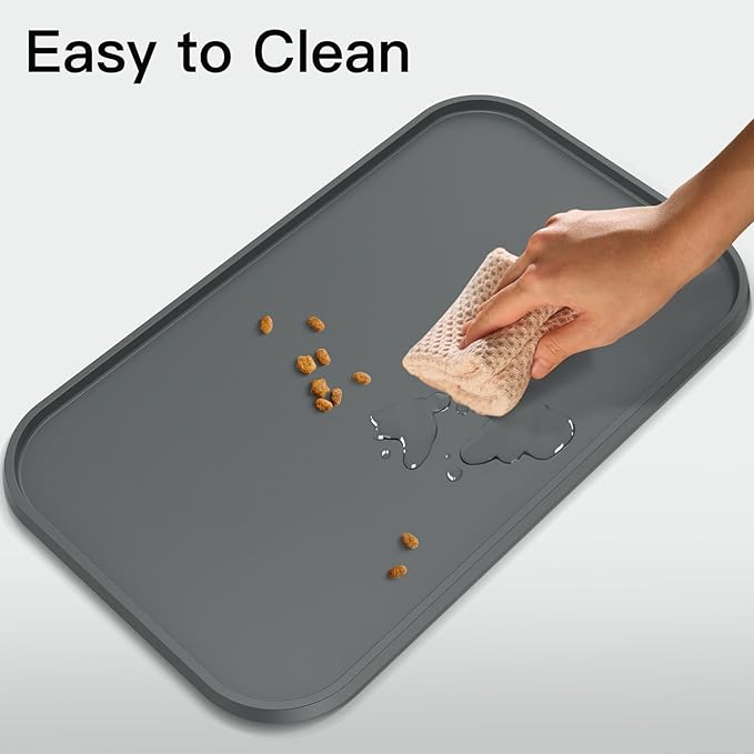 Feedoo Pet Feeding Mat [Warped Resistant Raised Edge], Water-Proof Silicone Placement for Food Water Bowls, Anti-Slip Base Protect Floor, BPA-Free&Dishwasher-Safe [18.5x11.5inch Medium, Gray]