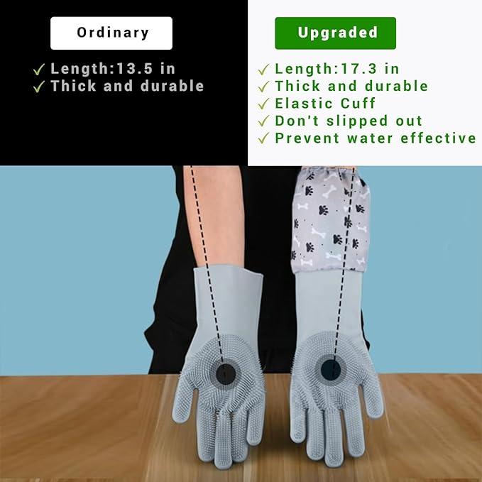 GALYNA Dog Washing Gloves, Pet Grooming Gloves with Soft Brushes, Bathing and Massaging for Dogs and Cats, Silicone Heat Resistant Cleaning Gloves with High-Density Teeth (Gray)