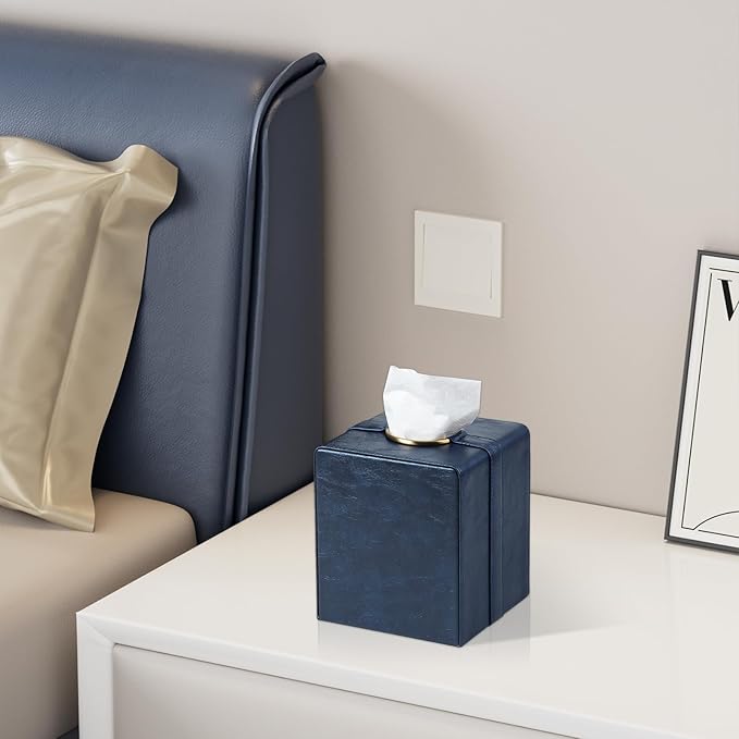 Cretkhp Luxury Square Tissue Box Cover, PU Leather Tissue Box Holder with Magnetic Closure and Gold Decorative Grommets for Bathroom Bedroom, Decorative Elegant Cube Tissue Holder (Blue)