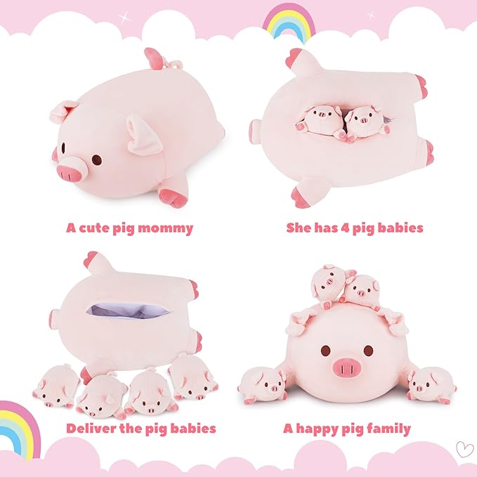 Achwishap 5PCS Pig Family,Pig Stuffed Animal Mommy with 4 Pig Babies Plush,Cute Pig Plush Pillow Cushion Doll,Kawaii Pig Plush Toy Hugging Pillow for Kid Birthday Gift Adult Valentines(16” Pig Family)