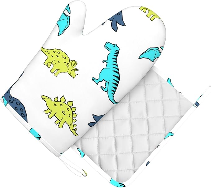 Cartoon Cute Dinosaur Oven Mitts and Pot Holders Sets, Home Silicone Heat Resistant BBQ Gloves for Kitchen Baking Cooking Grilling Microwave